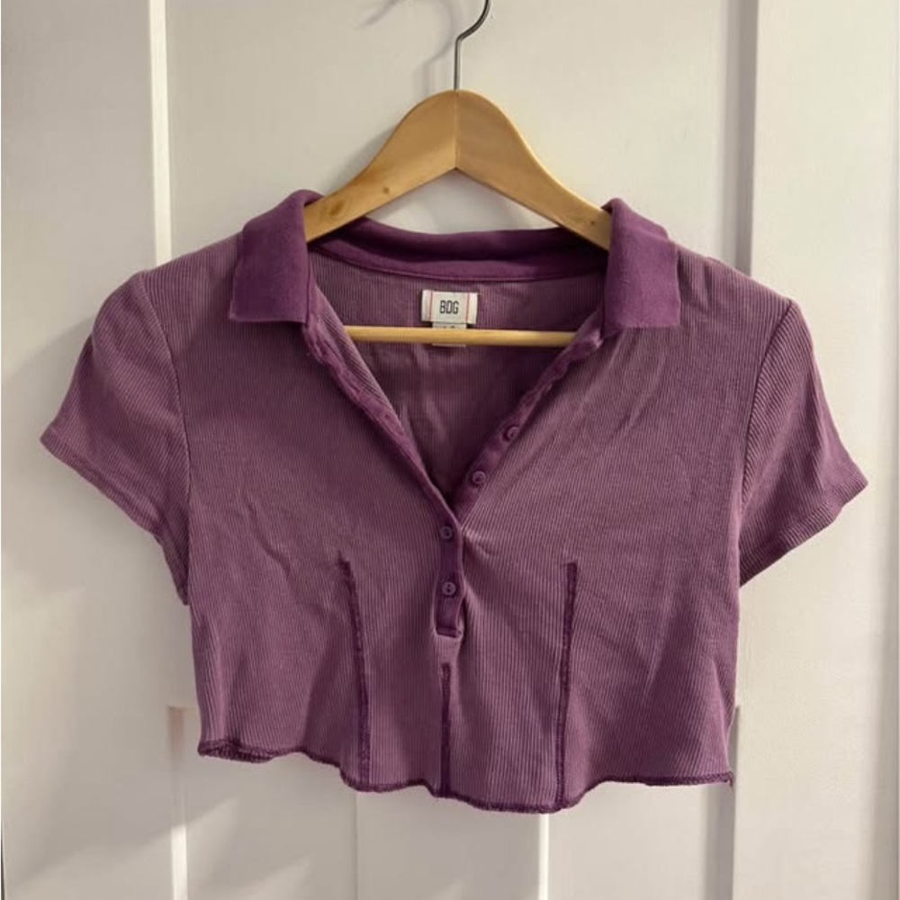 BDG Mauve Ribbed Cropped Polo Top